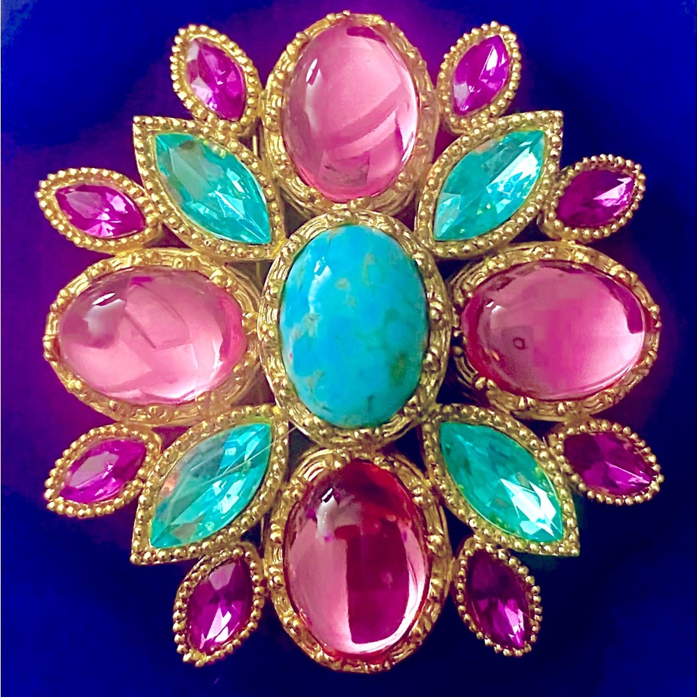 VNTG RARE Joan Rivers Maltese Cross Brooch.Pink & Turquoise Glass. Gold Setting.